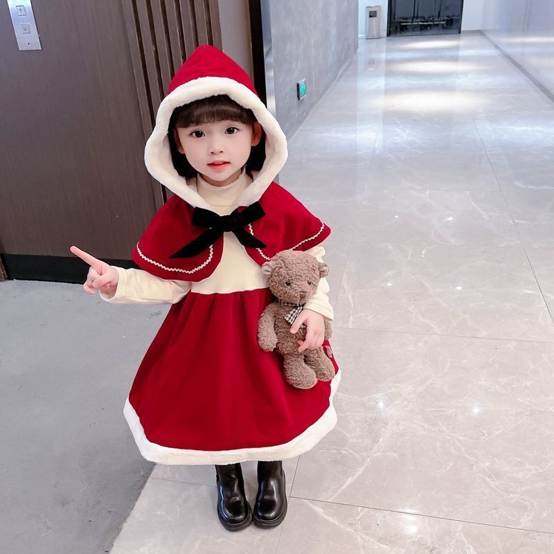 圣诞节服装新年拜年套装幼儿园秋冬服装女童小红帽披肩裙子加绒