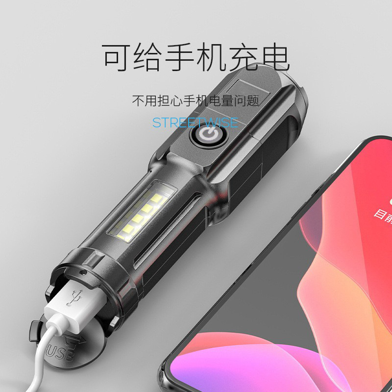 跨境新款伸缩变焦强光手电 USB充电便携聚光远射泛光侧灯手机充电
