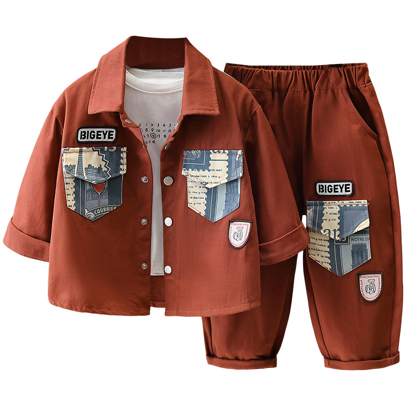 6355 Traje de camisa para niños 2025 nueva ropa de primavera y otoño, chaqueta de costura para niños y niños de moda, hermoso traje de dos piezas de otoño