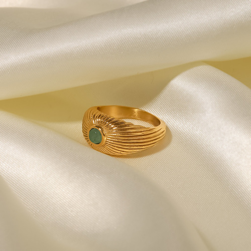INS French style 18K gold-plated stainless steel natural green stone sun-shaped ring punk style ring for women