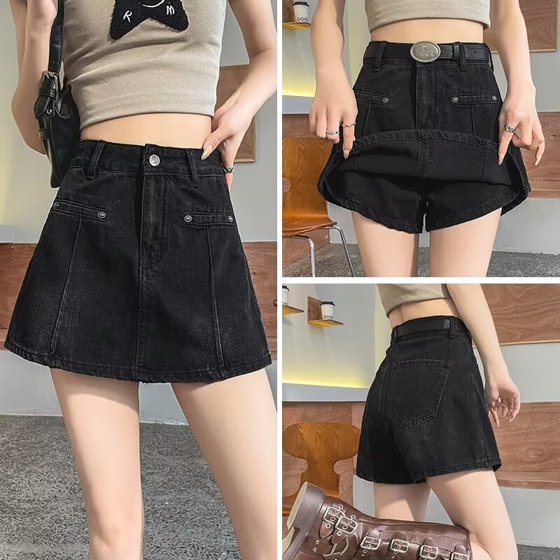 Vintage Design Sense Denim Shorts Women's Summer High Waist Slimming A- line Anti-glare Short Skirt Wide Leg Pants Skirt