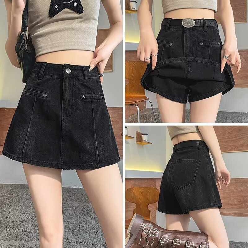 Vintage Design Sense Denim Shorts Women's Summer High Waist Slimming A- line Anti-glare Short Skirt Wide Leg Pants Skirt
