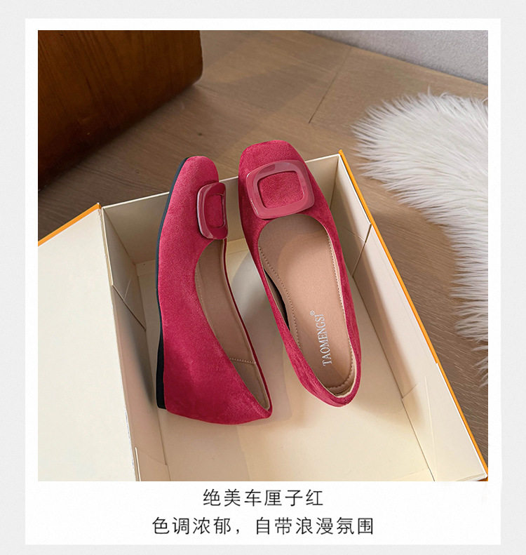 Giày bệt nữ mũi vuông khóa ngang, cổ thấp chất liệu nhung, gót xuồng 3–6 cm — Màu be, màu đen, màu đỏ chi tiết 8
