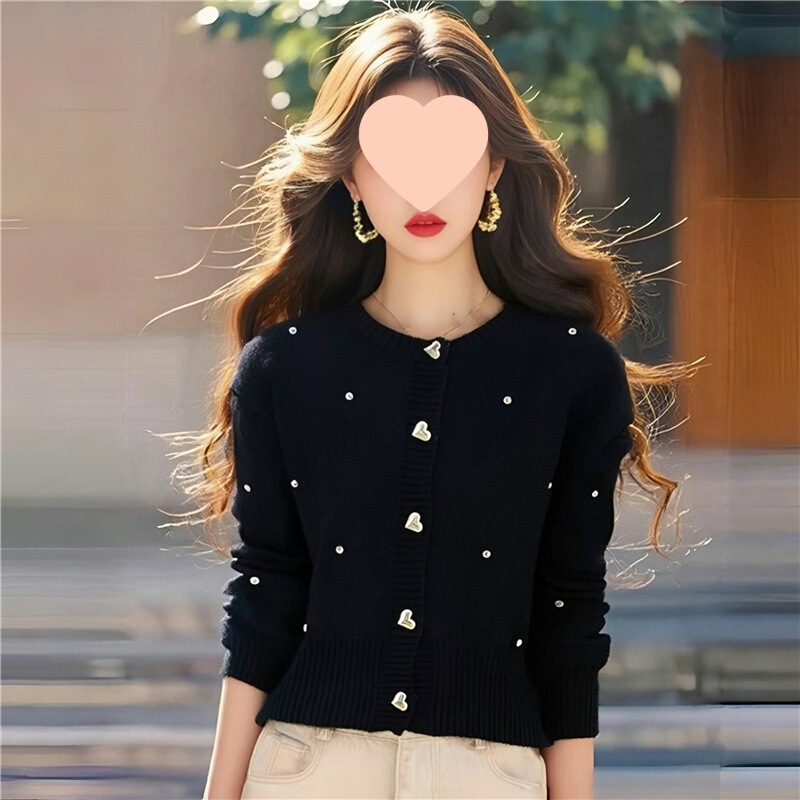 Ai Pattern French Style Small Fragrance Heart Button Sweater Jacket Women's Design Loose Casual Short Knitted Cardigan Black