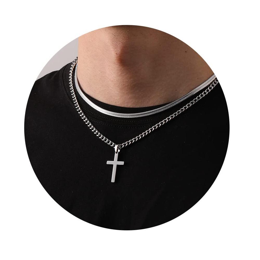 Cross Pendant Layered Necklace In Stainless Steel For Women_voghion.com