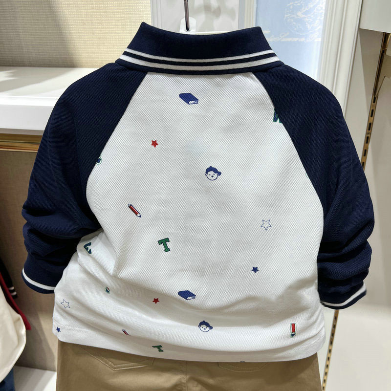 春秋の新作、男の子用クマ柄襟付きカラーブロックプリントポロシャツ、長袖Tシャツ、トレンディで多用途なトップス|undefined
