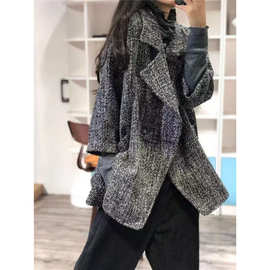 秋冬西装领做旧复古文艺宽松大码七分袖开衫毛呢风衣外套