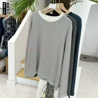 日系复古撞色条纹女打底衫慵懒风圆领套头衫条纹款式显瘦洋气上衣