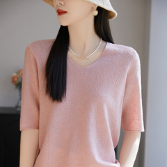 【メーカー直供】ファッション純色vネック天糸半袖tシャツ女性ゆるい短いジャカード氷糸ニット潮
