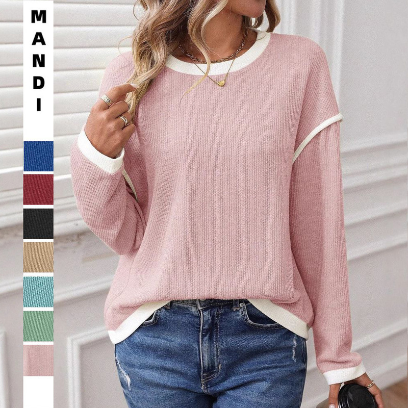 2025 Autumn and Winter New Amazon Cross-Border European and American Women's Clothing Round-Neck Imitation Sweater Long-Sleeved Color-Blocked Loose Top 2025 Autumn and Winter New Amazon Cross-Border European and American Women's Clothing Round-Neck Imitation Sweater Long-Sleeved Color-Blocked Loose Top