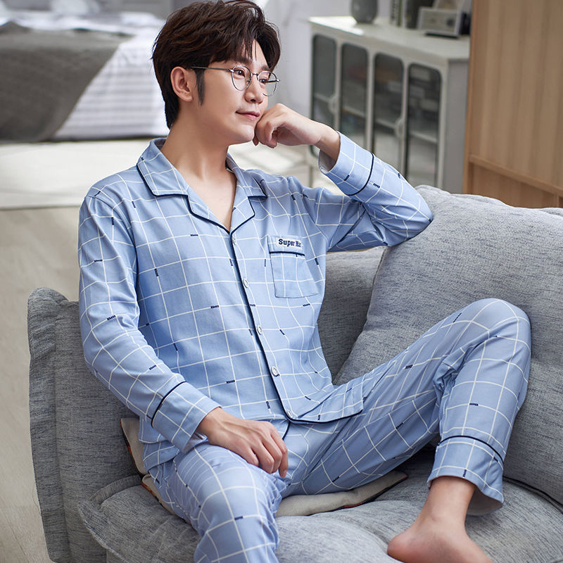 Pijamas de hombre 100% algodón de manga larga primavera y otoño pijamas de hombre joven Otoño e Invierno traje de homewear de mediados de verano