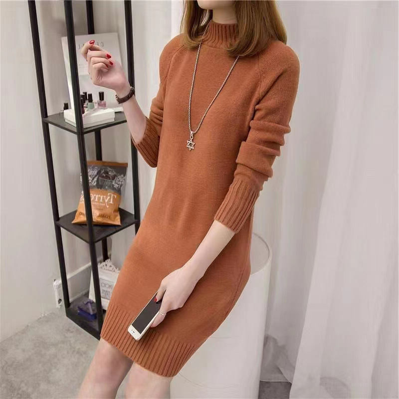 K New Women's Half-turtleneck Pullover Sweater; Loose Midi Dress; Women's Knit Dress As A Base Layer. No Necklace Or Other Accessories_voghion.com