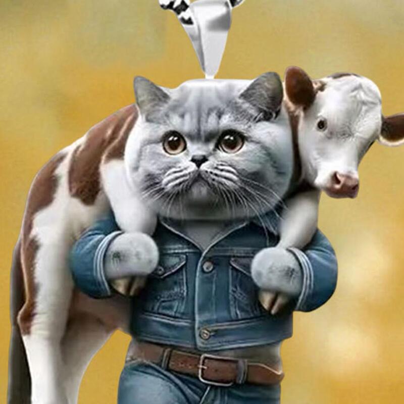 2D Cute and Interesting Car Charm Cat Animal Pendant Car Rearview Mirror Decoration with Lanyard Decoration for Car Interior