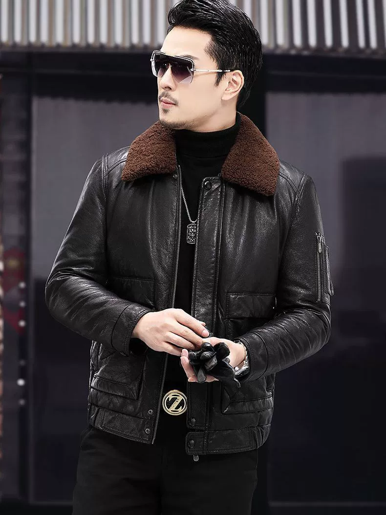 Keep warm leather woolen velvet down jacket, cowhide, goose down