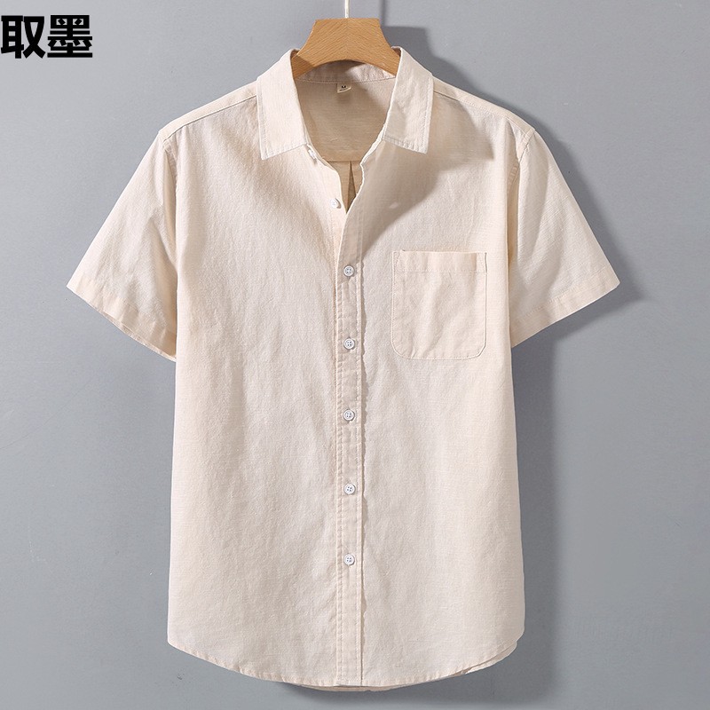 男士亚麻短袖翻领衬衫麻布男装夏天青年商务休闲棉麻布料衬衣寸衫