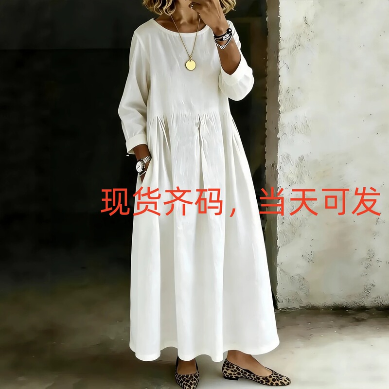 2026 European and American Amazon Autumn Long-Sleeved Dress for Women, Mid-Length, Korean Style, Loose, Large Size, Round Neck, Simple and Casual 2026 European and American Amazon Autumn Long-Sleeved Dress for Women, Mid-Length, Korean Style, Loose, Large Size, Round Neck, Simple and Casual