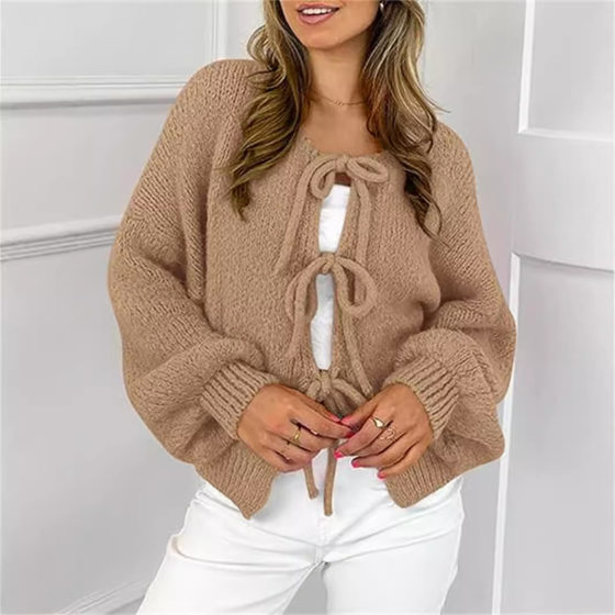 Cross-border Amazon Autumn and Winter New Solid Color Ins Thick Needle Lace Bow Knitted Cardigan Coat Sweater Women