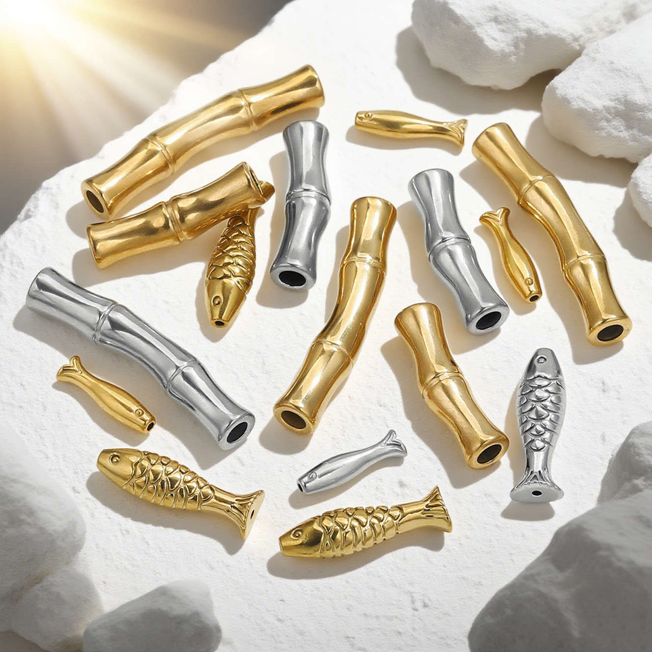 Acero inoxidable dorado bambú curva pequeña perla de pez accesorios de material de cuerda tejida a mano accesorios de pulsera cuentas de acero DIY accesorios