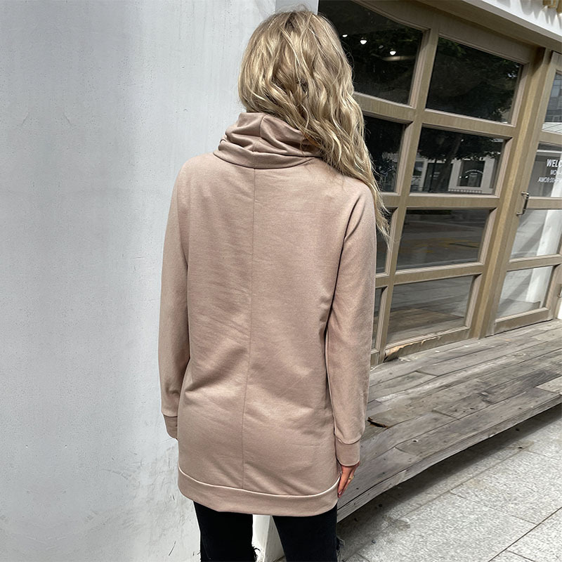 Düz Renk Yığın Yaka Orta Boy Spor Kazak Sweatshirt_voghion.com