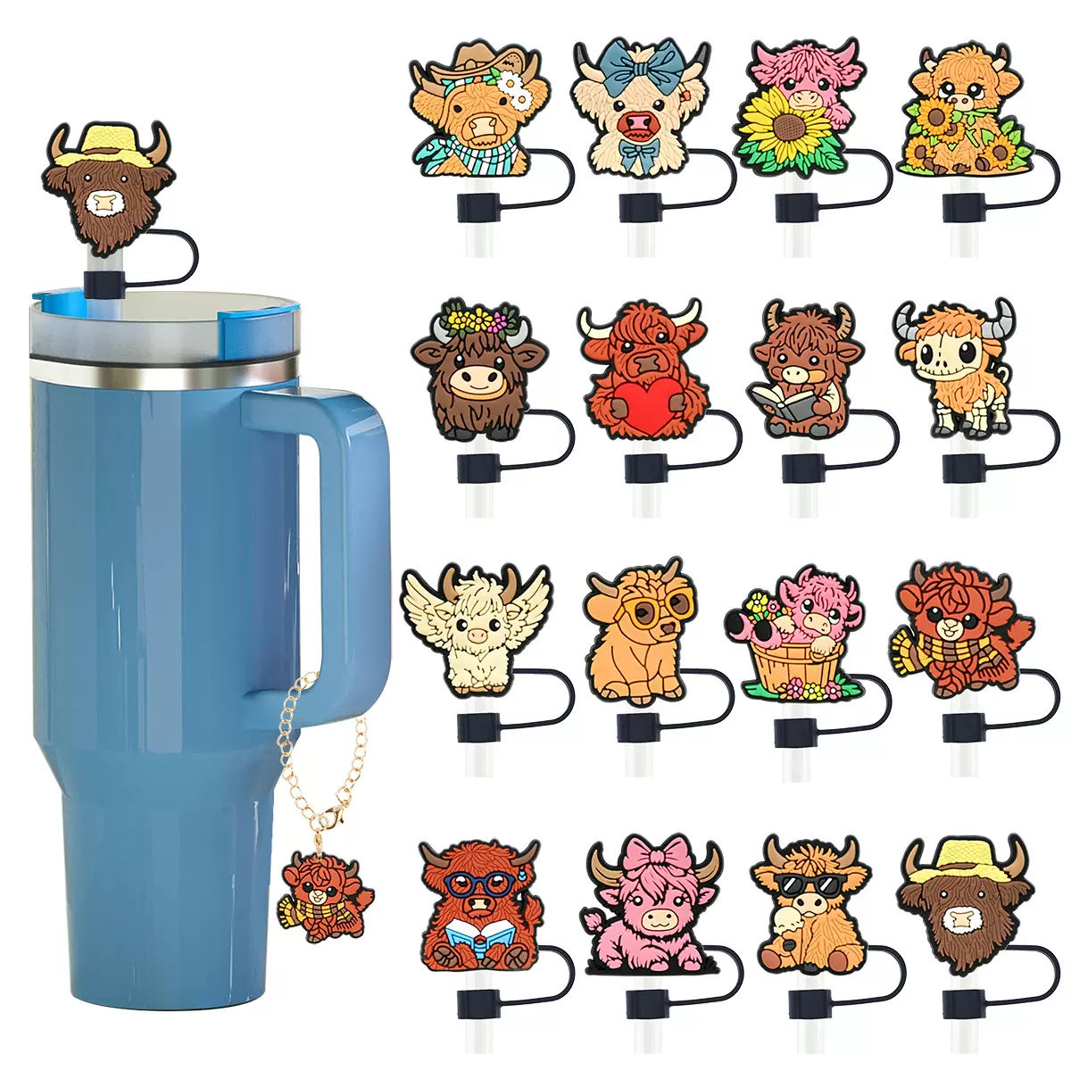 亚马逊热销卡通高地牛吸管帽10mm个性软胶防尘吸管塞吸管盖帽批发