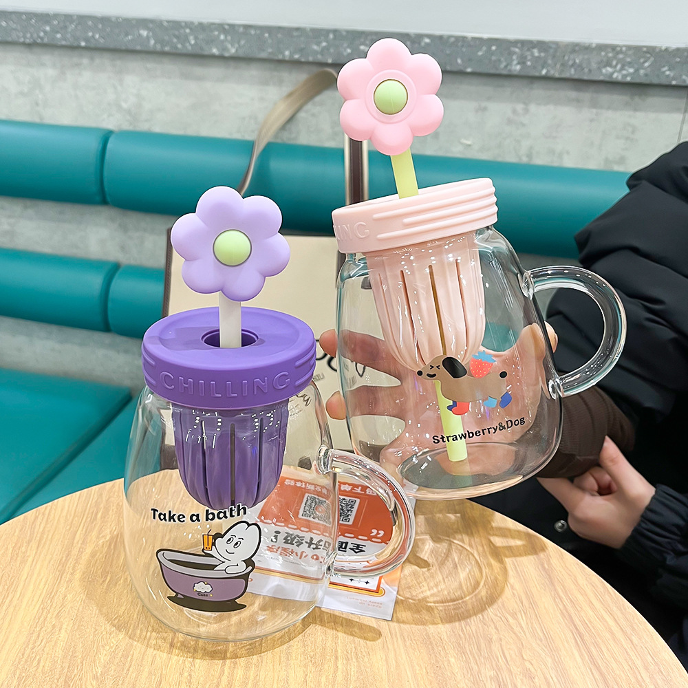 대용량 작은 꽃 사무실 단층 붕규산 유리 컵 주전자 짚 물 컵 높은 모양의 우유 손잡이 컵