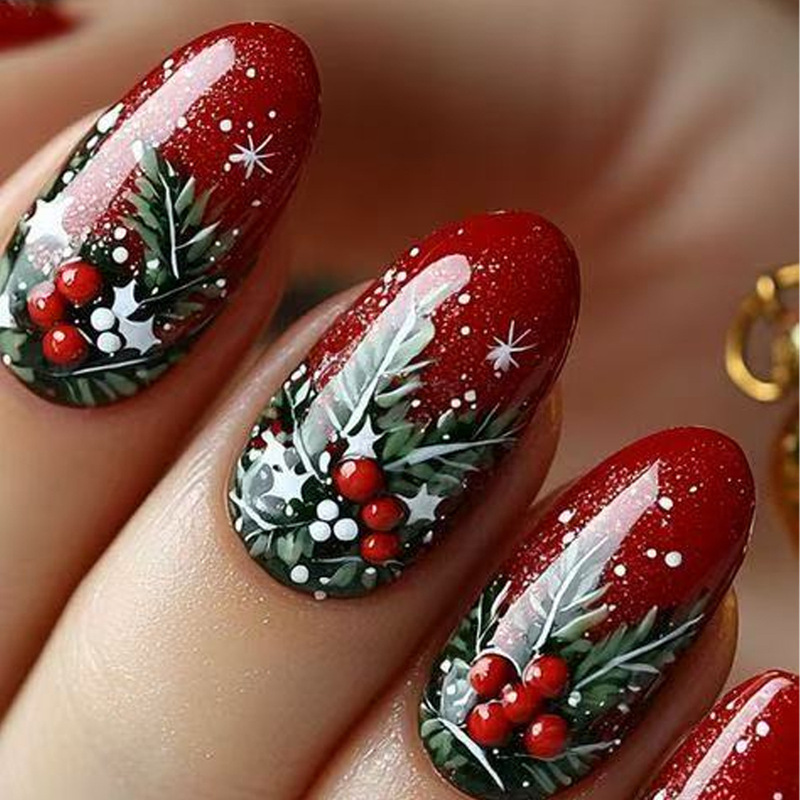 Christmas Sparkling Red Short Oval Christmas Tree Colorful Fruit Pattern Design Wearable Manicure Nails Fake Nails