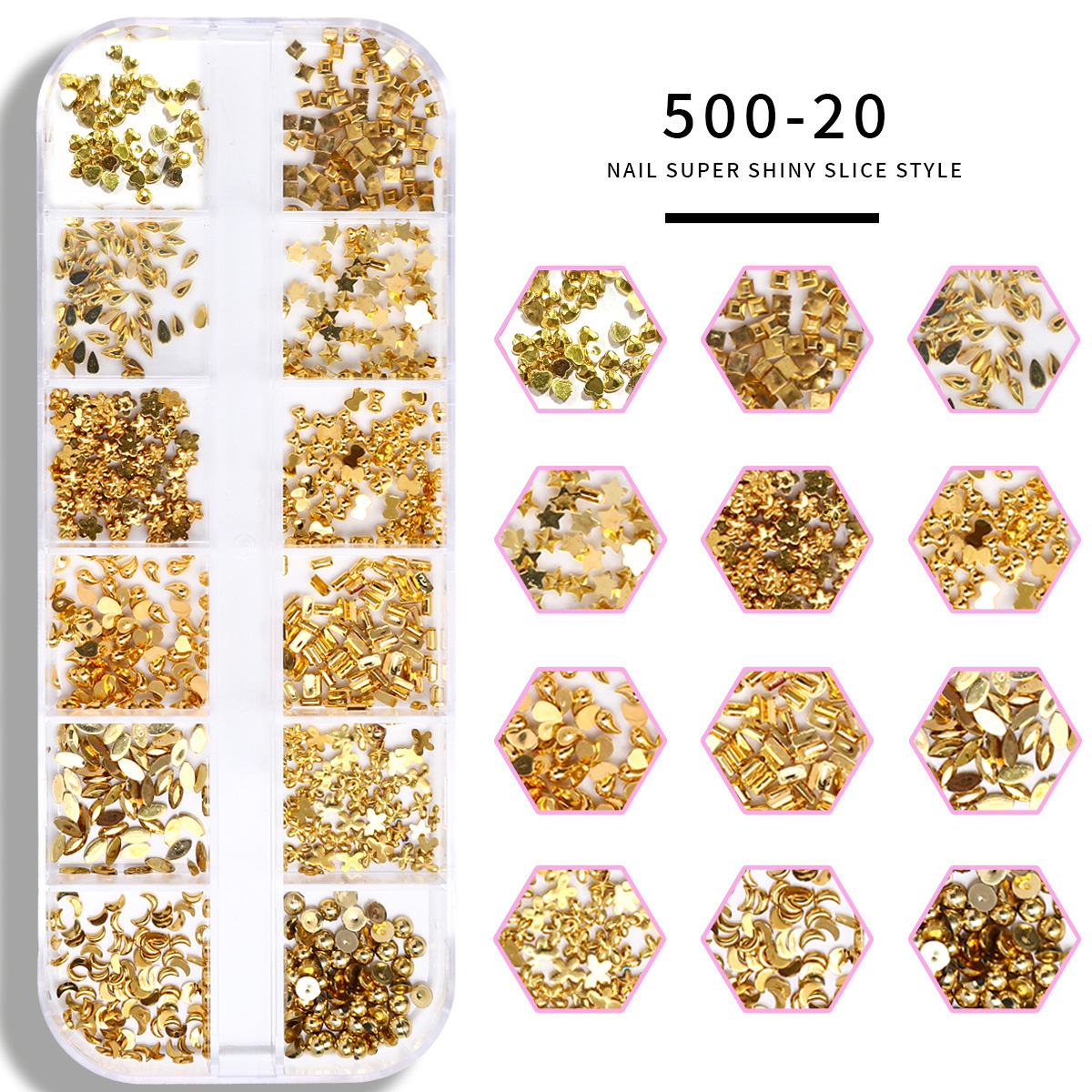 Accesorios de uñas 12 rejilla caja grande remache de uñas material de metal lentejuelas mezclar y combinar DIY especial en forma de parche de uñas Decoración