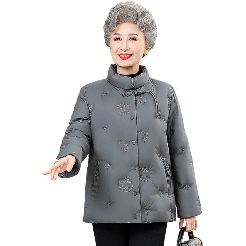 Новый пуховик для бабушки с вышивкой, теплая женская одежда 80 лет, зимняя одежда на утином пуху, теплая хлопковая одежда с защитой от холода