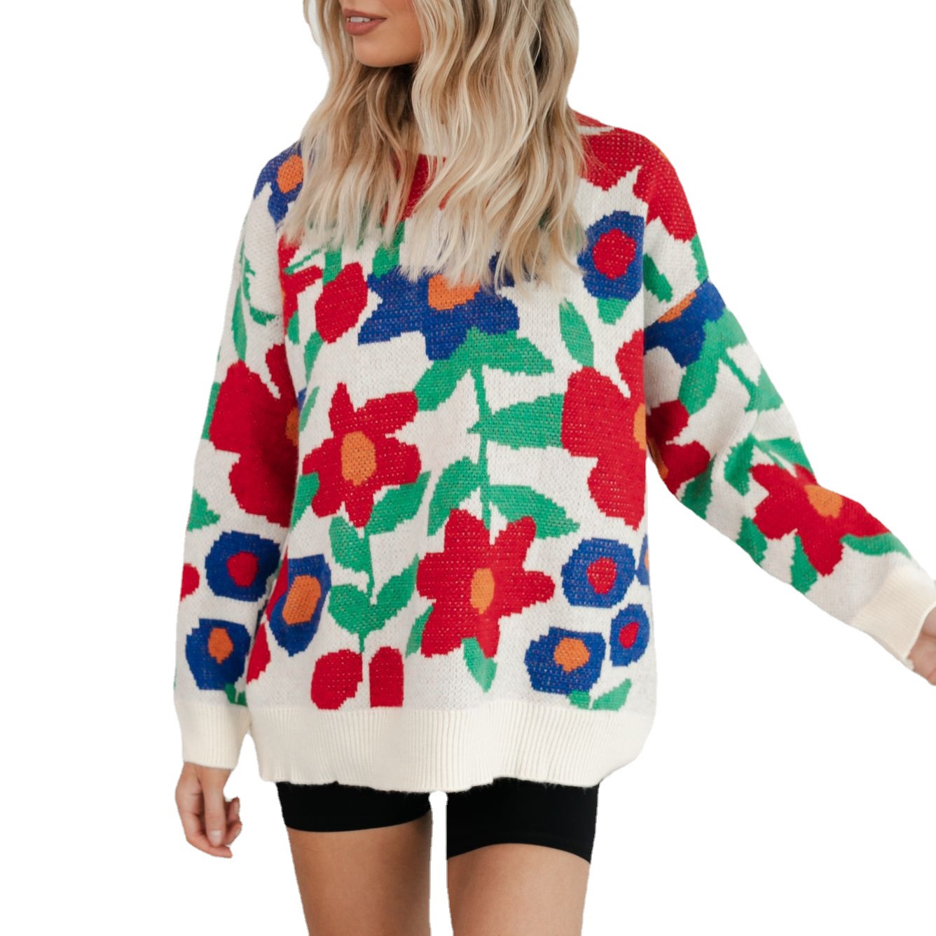 Women's new large flower embroidered round neck loose long-sleeved knitted sweater pullover for women_voghion.com
