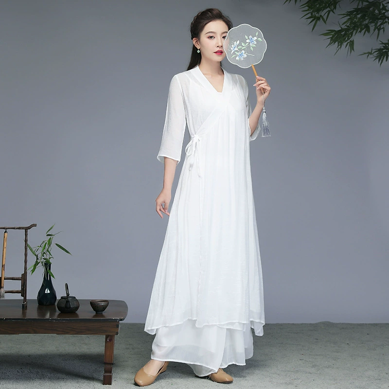 Китайский дзен-костюм Женский Сказочный чайный костюм с плотной талией в дзен-стиле Улучшенный ручной воротник Hanfu Свободное платье в китайском стиле Весна и лето