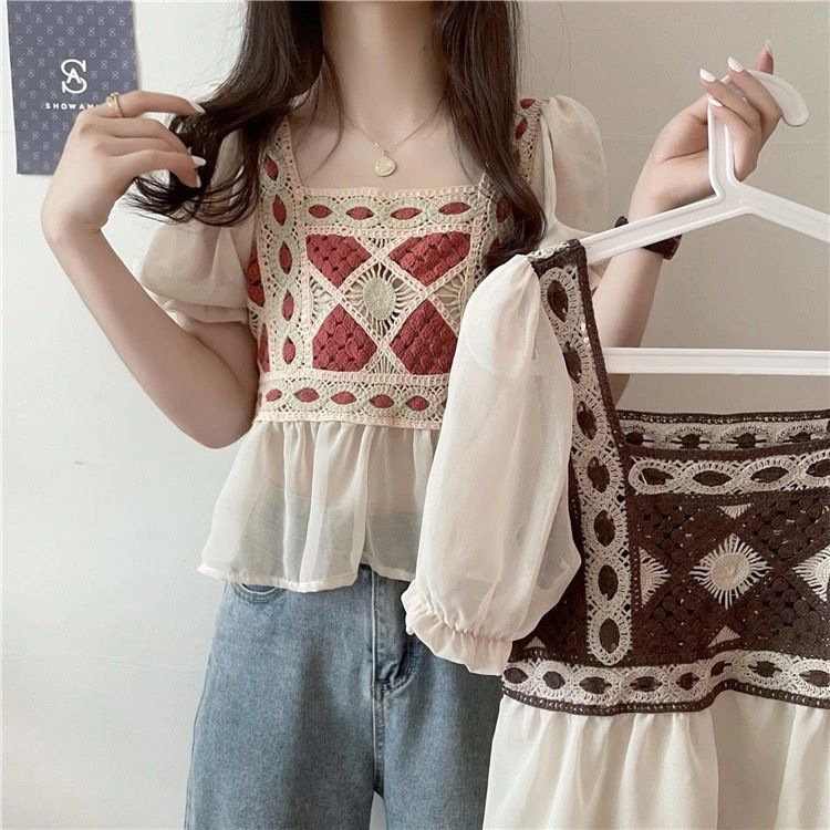 Knitted Chiffon Lace Pullover Short Sleeve Embroidered Hollow Women's Top Summer Thin Bohemian Ethnic Style