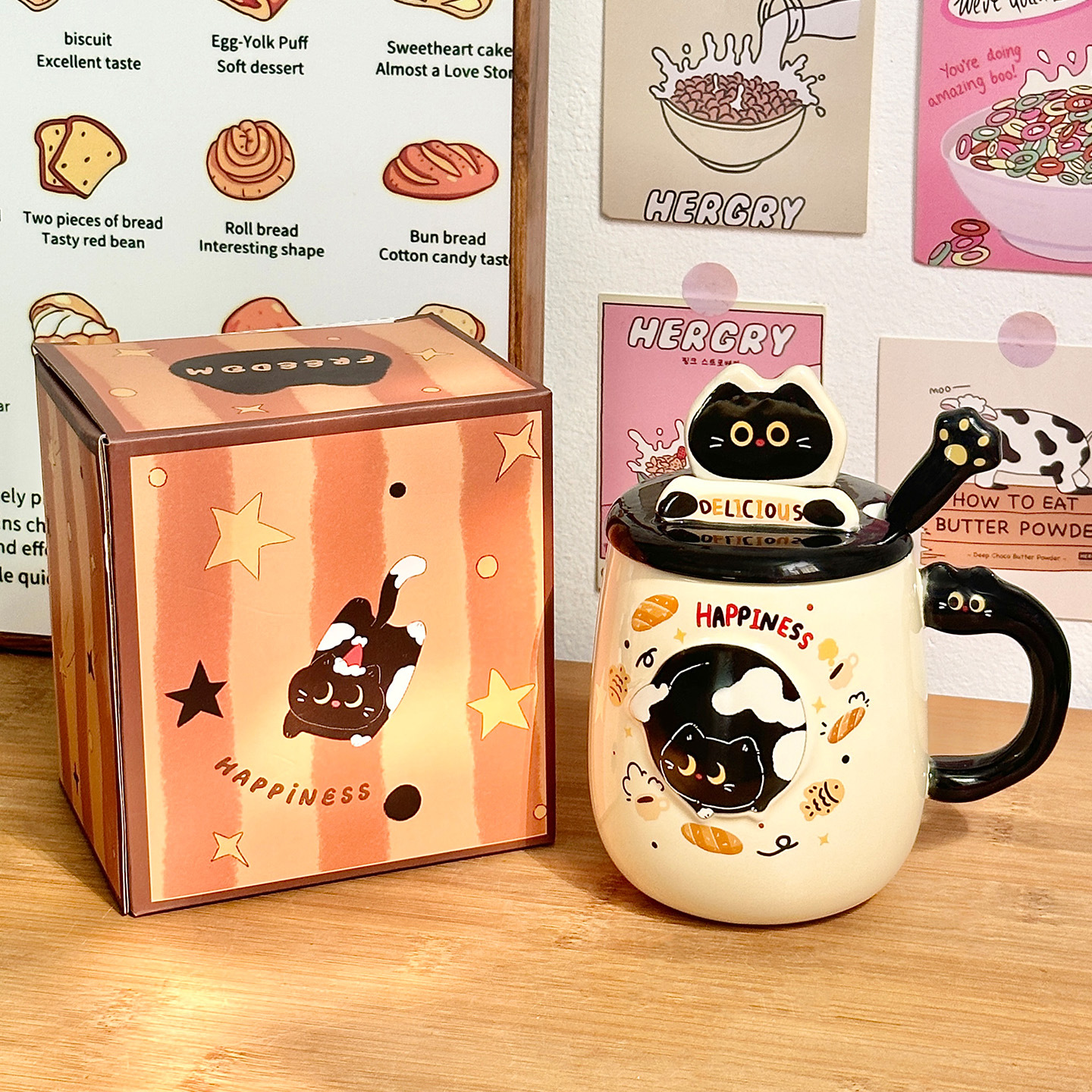 Cute gato cerámica taza con cubierta taza de cuchara de taza de agua de alto valor para niñas taza de regalo de cumpleaños casera taza de pareja