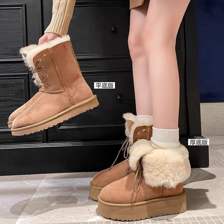 雪地靴系带厚底星星中高筒短靴加绒加厚北方棉鞋