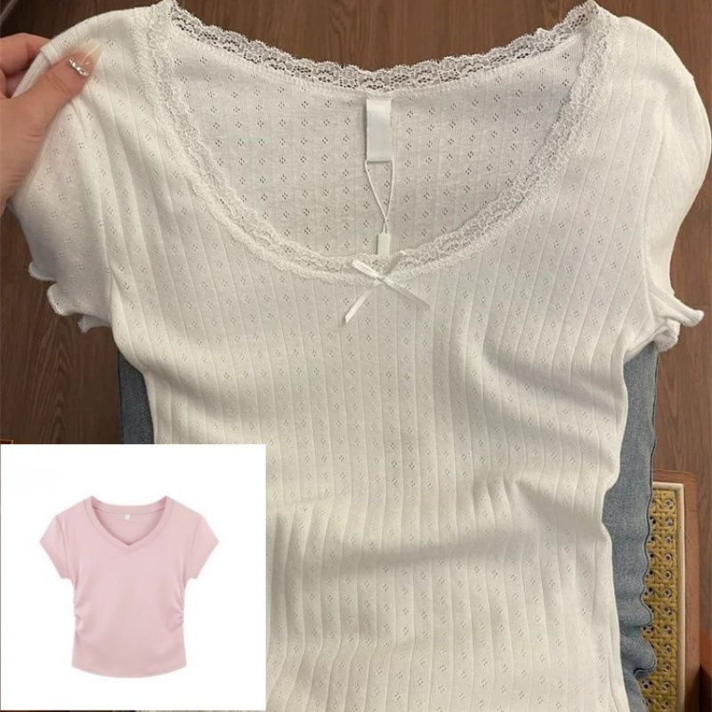 ホワイトピュアデザイアスイートレーススリムタイトボトムレディースサマーショルダーショートインナー半袖Tシャツトップ|undefined