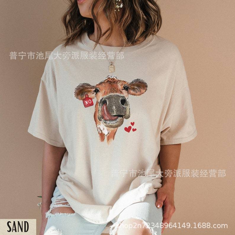 European and American Cross-Border Etsy Independent Site Custom-Made Cow-Themed Valentine's Day T-Shirt Shirt Western Valentine's Day Short-Sleeve Women's Top European and American Cross-Border Etsy Independent Site Custom-Made Cow-Themed Valentine's Day T-Shirt Shirt Western Valentine's Day Short-Sleeve Women's Top