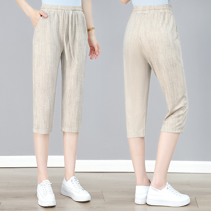 Ice-Feel Drawstring Elastic High-Waisted Straight-Leg Casual Cropped Pants for Women, Summer Middle-Aged Mom Style Loose Sports Sweatpants