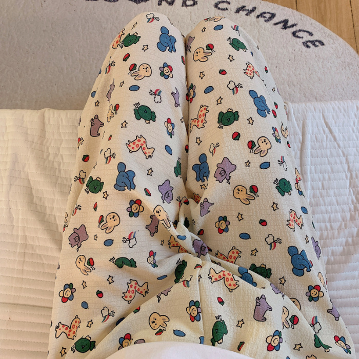 Pantalones de dibujos animados lindos pantalones de pijama elásticos de cintura estudiantil en casa pantalones largos de primavera y otoño de verano para mujeres pantalones casuales