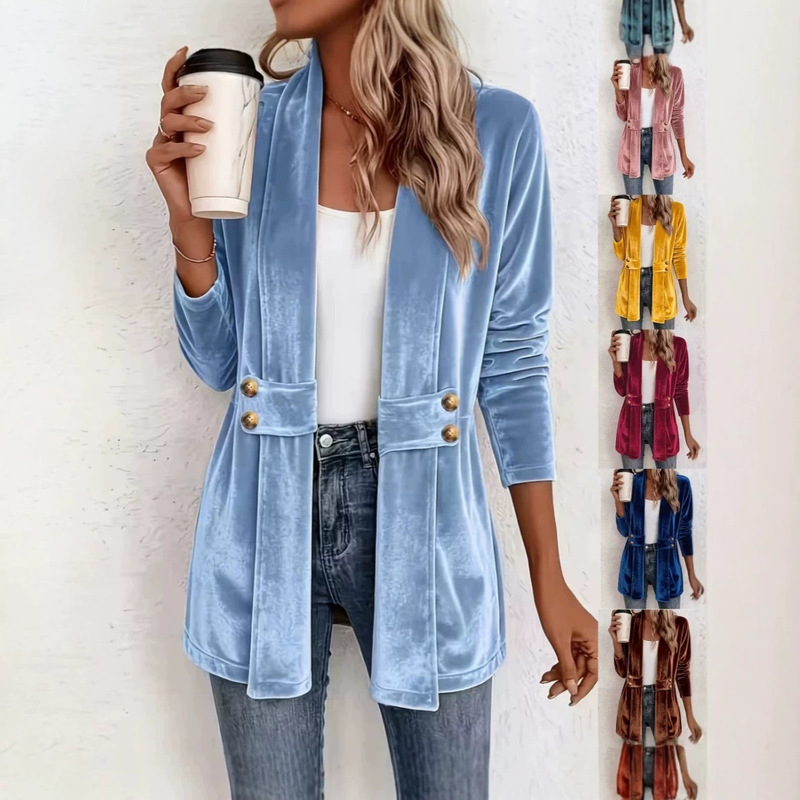 2026 New Cross-Border TikTok Women's Double-Breasted Decorative Gold Velvet Cardigan, Casual Versatile Mid-Length Top 2026 New Cross-Border TikTok Women's Double-Breasted Decorative Gold Velvet Cardigan, Casual Versatile Mid-Length Top