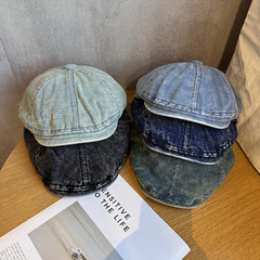 做旧复古牛仔贝雷帽子女街头春夏秋前进帽八角帽显脸小短檐鸭舌帽