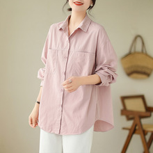 文艺大码减龄粉色纯棉长袖衬衫女士秋季宽松显瘦休闲百搭衬衣外套