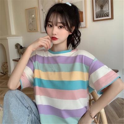 2025 Spring/Summer New Korean Style Rainbow Casual Loose Short-Sleeve T-Shirt for Women Trendy Student Tops Women's Clothing Wholesale