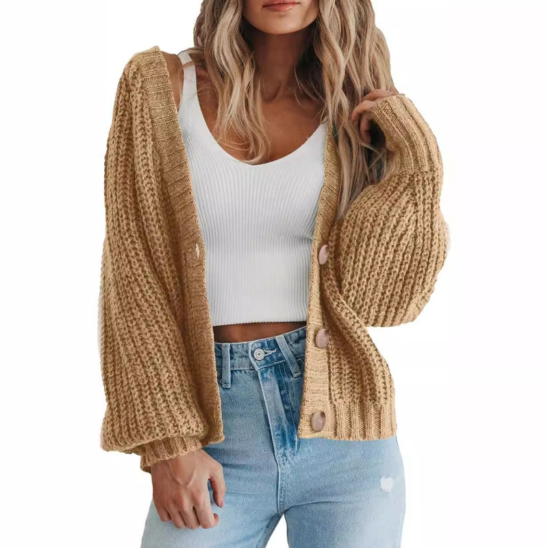 Amazon 2023 autumn and winter popular women's thick knitted cardigan sweater long sleeve button loose short cardigan coat