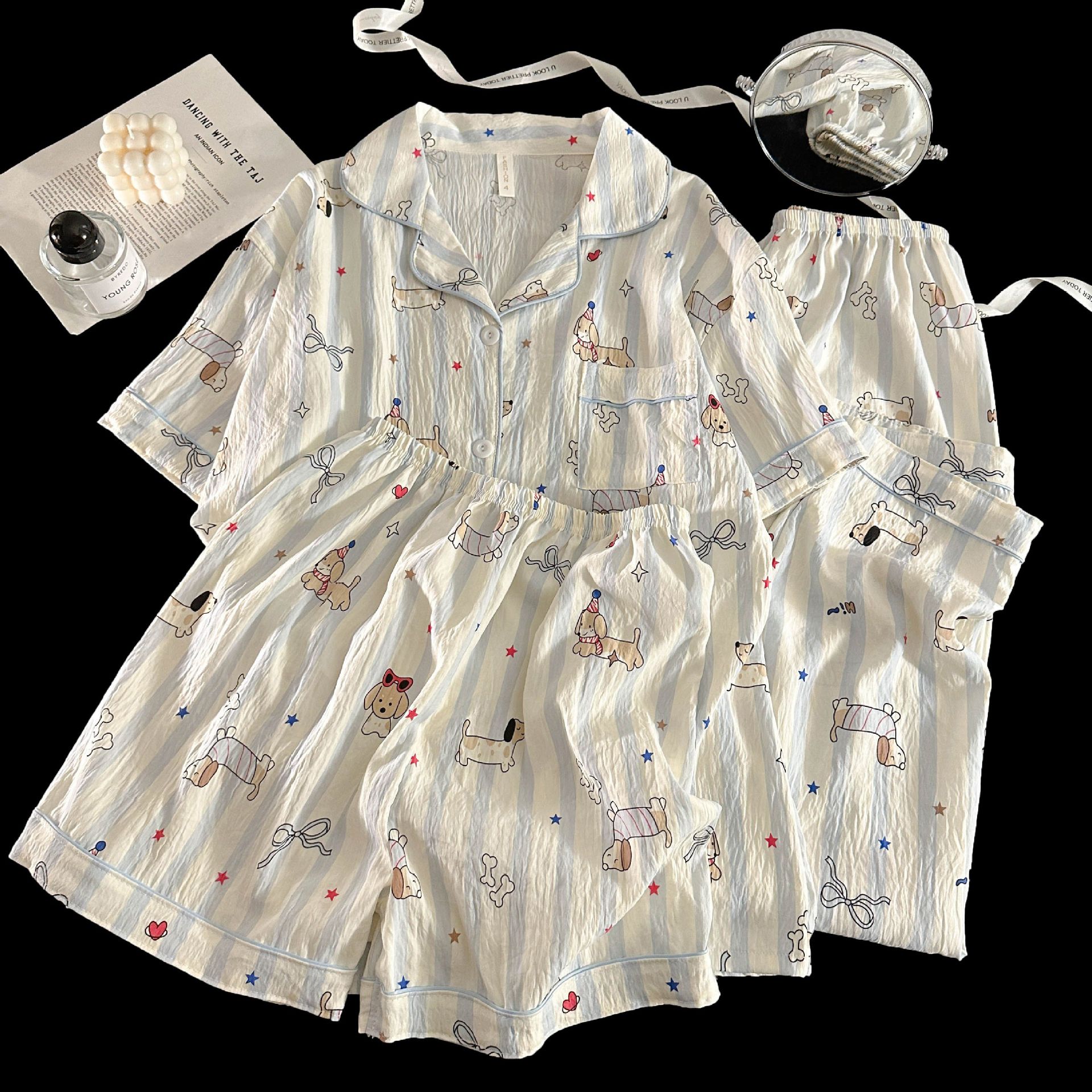 Verano transfronterizo nuevo estilo cómodo nube de algodón de tres piezas solapa pantalones cortos de manga corta pantalones ropa a domicilio traje de pijama de mujer