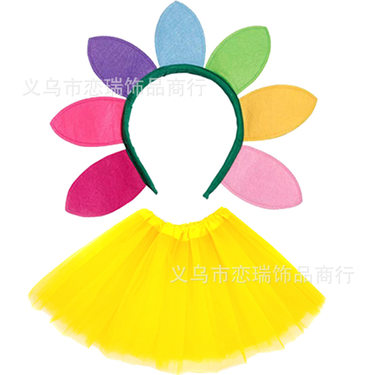 Fiesta de baile Diadema de girasol Color del arco iris Gafas de amor Malla Imagen Falda Pantimedias Combinación Set Spot