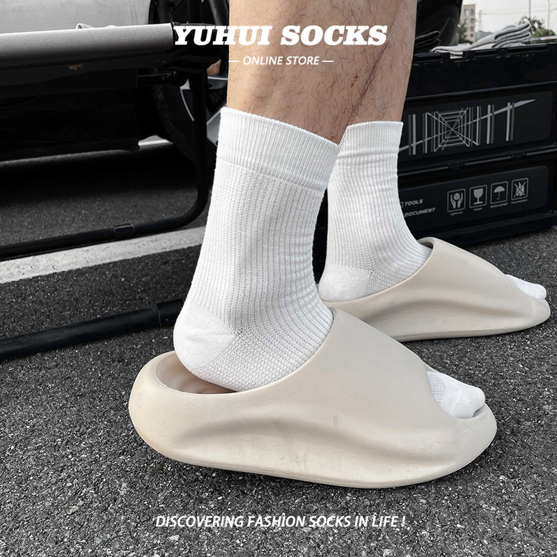 Solid Color Textured Casual Waffle Socks Old Money Style Men's White Socks High-End Knitted Mid-Calf Socks Pure Cotton