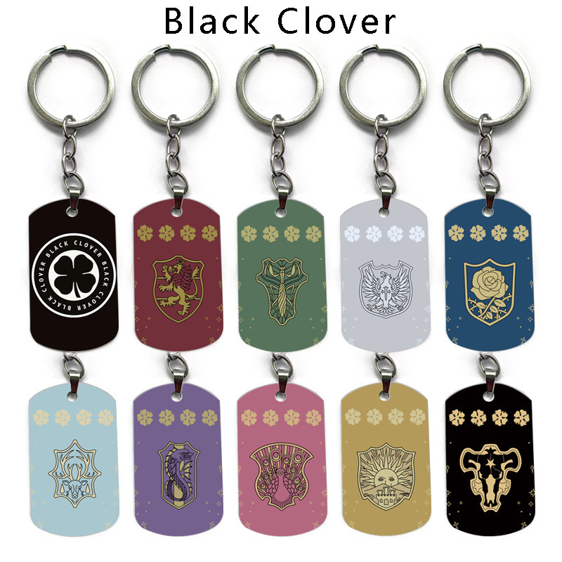 Black Four-leaf Clover Keychain Animation Peripheral Double-sided Printed Military Pendant Necklace Student Backpack Hanging Ornaments