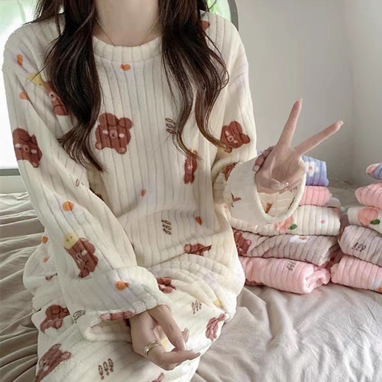 New Bear Pajamas Women's Casual Loose Outer Wear Coral Fleece Suit Autumn and Winter Thickened Warm Home Clothes Suit