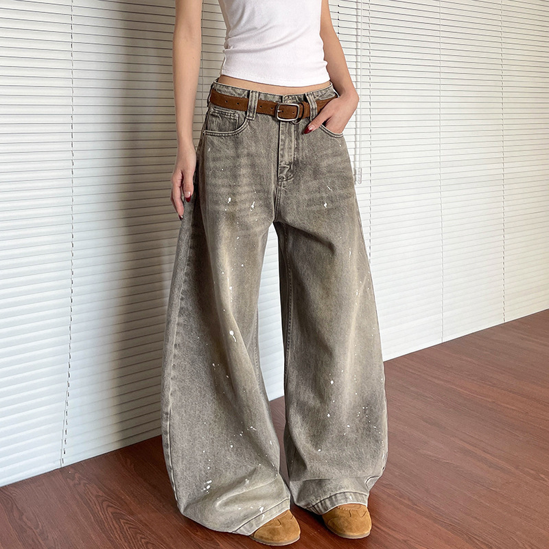 High Street New American Retro Splatter Washed Curved Jeans Unisex High-End Silhouette Versatile Pants