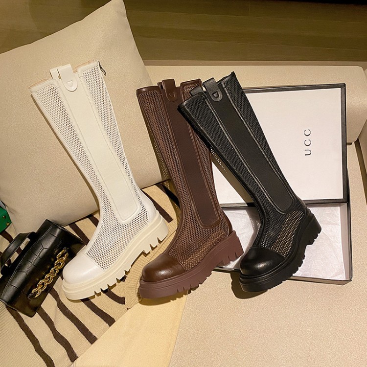 Boot lưới nữ da bò cổ cao thoáng khí mùa hè, đế dày, ống rộng cho chân to — Màu nâu ống lớn, Màu đen cổ ống lớn, Ống nhỏ màu đen, Chu vi ống lớn màu trắng be chi tiết 11