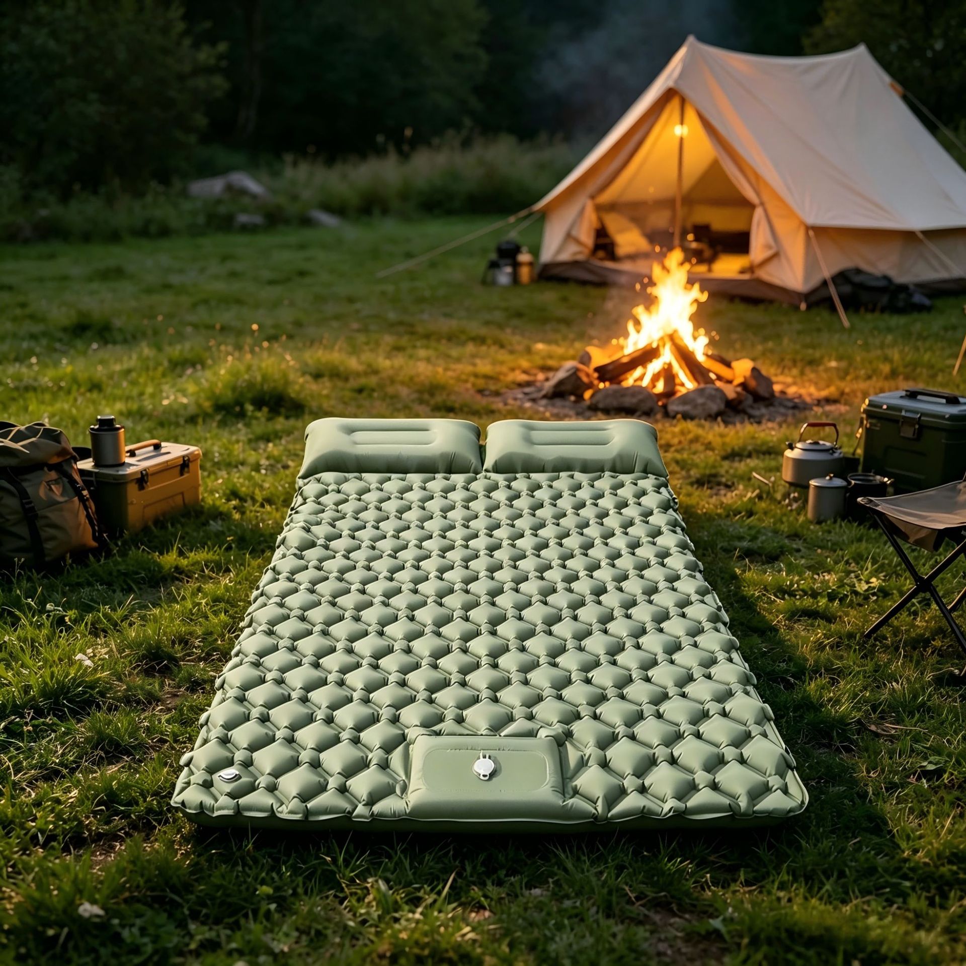 Factory Direct Sales Wholesale Double Outdoor Inflatable Mat with Built-In Air Pump, Thickened Portable Camping Moisture-Proof Mat with Pillow
